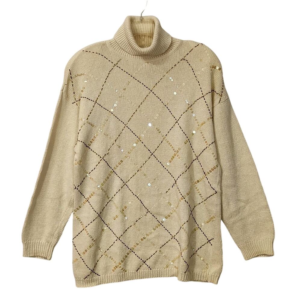VTG Haberdashery Womens Sequined Sweater Beige Beaded Argile Sparkly SZ LG Ramie
